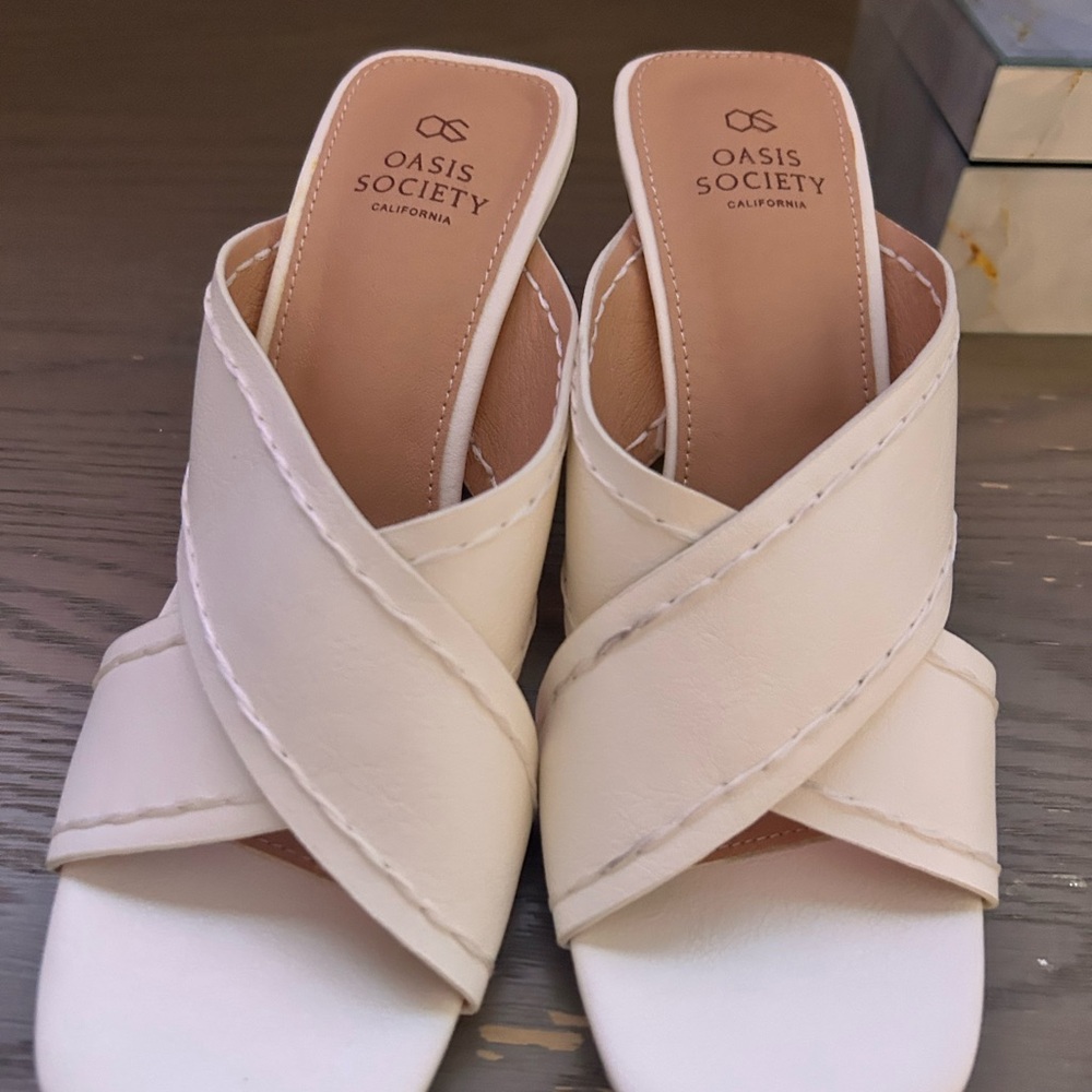 White Oasis Society Cream Mules with Modern X-Strap Design